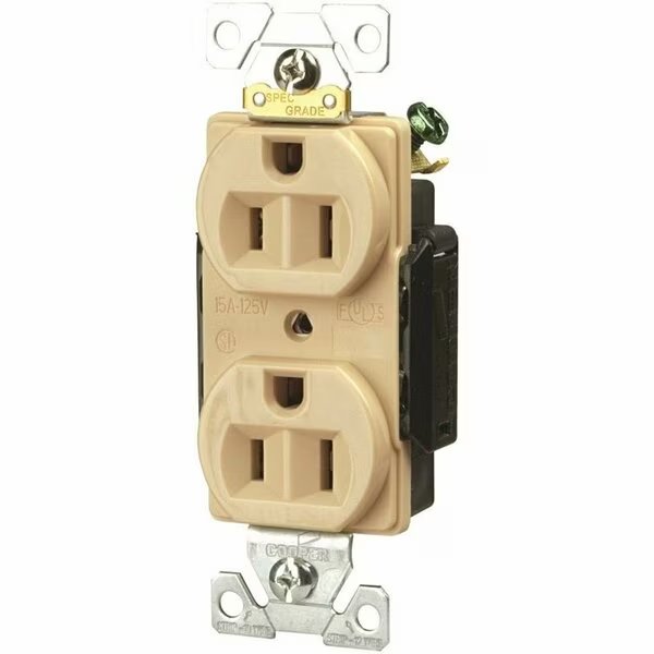 Arrow Hart Duplex Receptacle, 2 -Pole, 15 A, 125 V, Back, Side Wiring, NEMA: 5-15R, Ivory, Eaton Wiring Devices, Mfr#: 5252V
